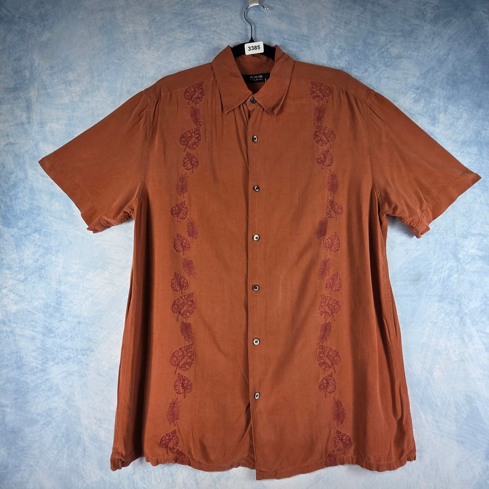 Axis LA Mens Medium Rust Orange 100% Silk Embroidered Leaf Camp Shirt SS